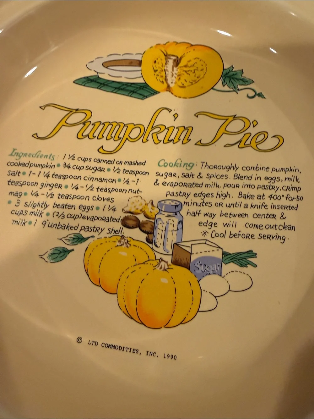 Pumpkin Pie Pie Plate Vintage 1990 pumpkin pie recipe baking dish